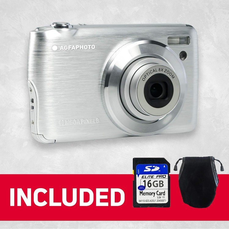 Aparat foto digital AgfaPhoto DC8200 21MP, include card SD 16 GB si husa, Argintiu