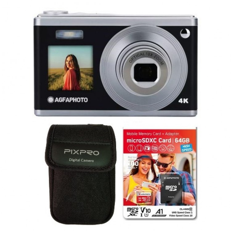Pachet Camera foto AgfaPhoto Realishot DC9200, 24MP, 4K, include Card Micro SDXC Agfa 64GB si geanta foto, Negru