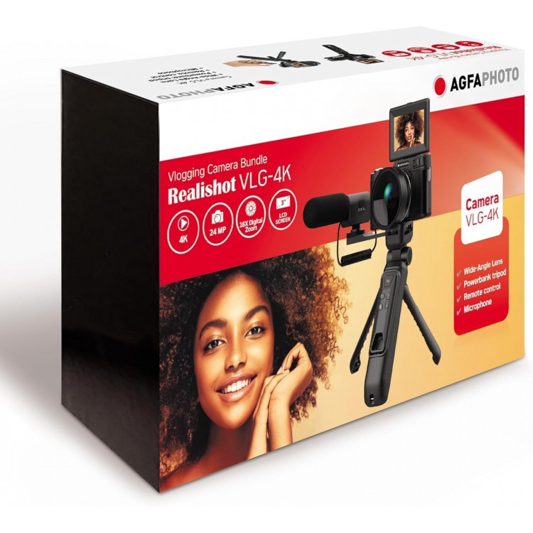 Kit Vlogging Agfaphoto Realishot VLG4K-DIGS, Camera 4K, zoom digital 16X, include obiectiv wide-angle, trepied cu baterie externa, telecomanda, microfon, Negru