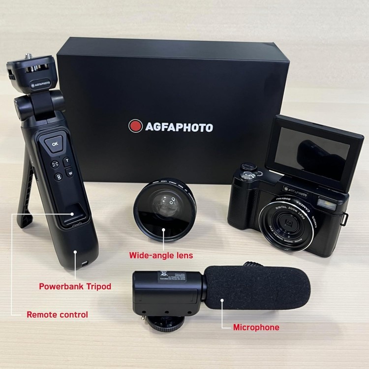 Kit Vlogging Agfaphoto Realishot VLG4K-DIGS, Camera 4K, zoom digital 16X, include obiectiv wide-angle, trepied cu baterie externa, telecomanda, microfon, Negru