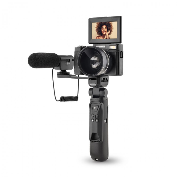 Kit Vlogging Agfaphoto Realishot VLG4K-DIGS, Camera 4K, zoom digital 16X, include obiectiv wide-angle, trepied cu baterie externa, telecomanda, microfon, Negru
