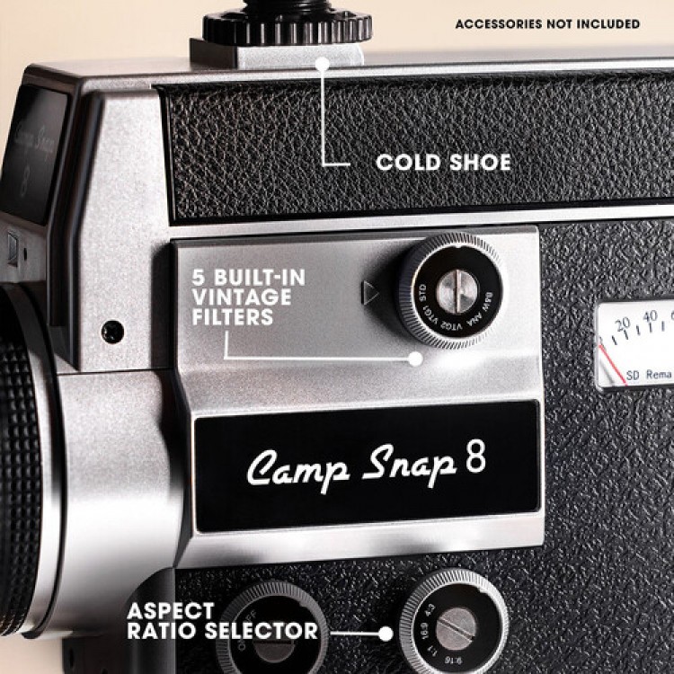 Camera Video Digitala Retro Camp Snap CS-8, 2.7K, Stil Super 8, Fara Ecran, 5 Filtre Vintage, Zoom Digital 8x, USB-C, Negru