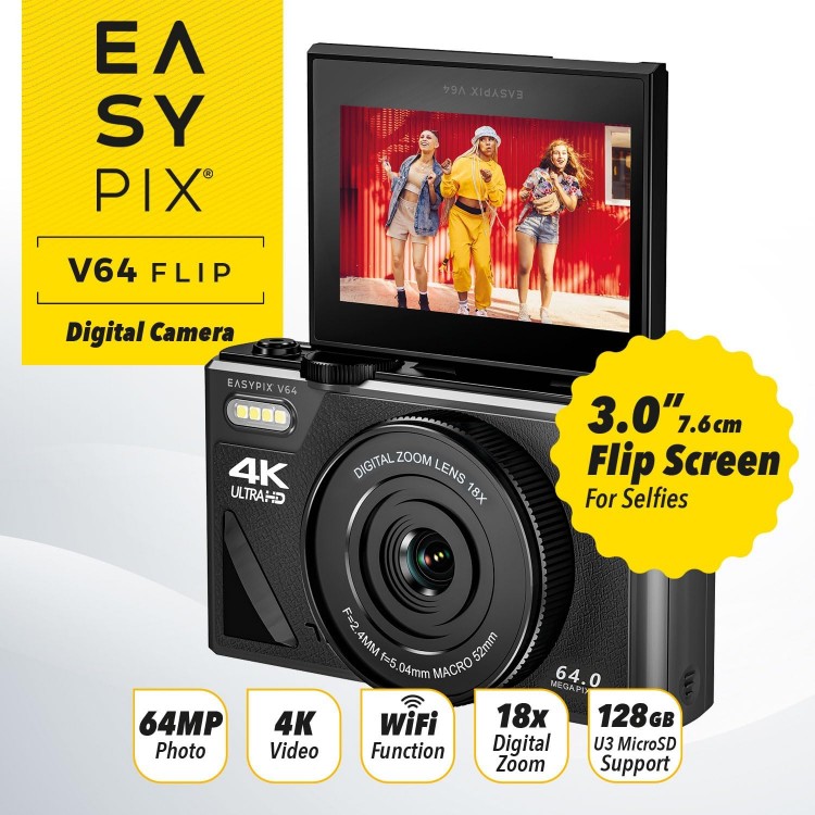 Aparat Foto Easypix V64 Flip, 16 MP, Wifi, Zoom 18X, Vlogging, Video 4K