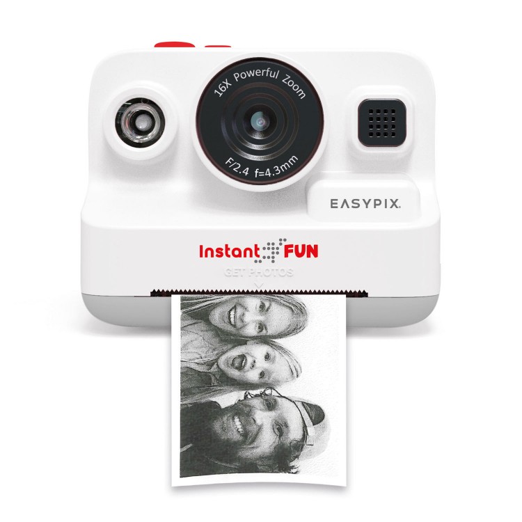 Aparat Foto Instant pentru Copii Easypix InstaFun, 12Mpx, FULL HD, 5 jocuri, player muzical, printare termica Alb-Negru, Alb