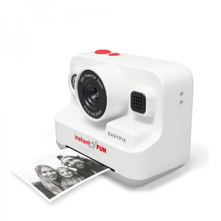 Aparat Foto Instant pentru Copii Easypix InstaFun, 12Mpx, FULL HD, 5 jocuri, player muzical, printare termica Alb-Negru, Alb