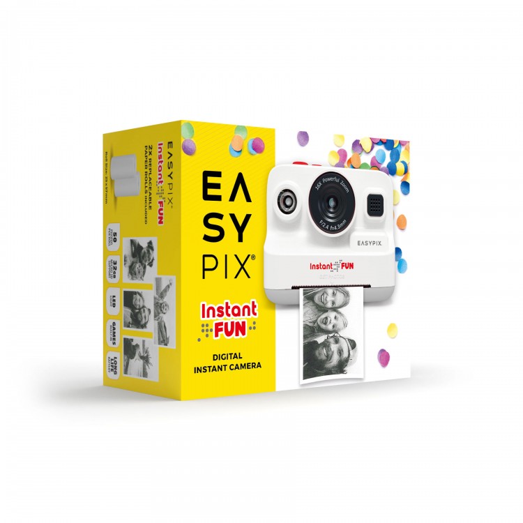 Aparat Foto Instant pentru Copii Easypix InstaFun, 12Mpx, FULL HD, 5 jocuri, player muzical, printare termica Alb-Negru, Alb