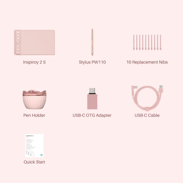 Tableta grafica HUION Inspiroy 2 Small cu rotita de defilare 6 taste personalizate, 6x4inch, roz