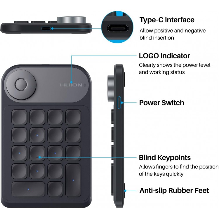 Tastatura mini, Huion, K20, pentru Tablete grafice, PC, Mac, Laptop, Surface Pro