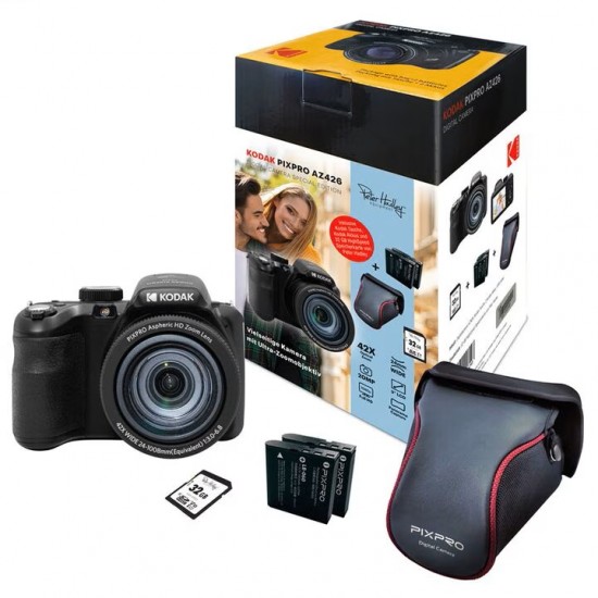 Aparat Foto Kodak PixPro AZ426 Special Edition Peter Hadley, 20 MP, Zoom 42X, Full HD – 1080p, include acumulator suplimentar, geanta foto Pixpro, card 32GB