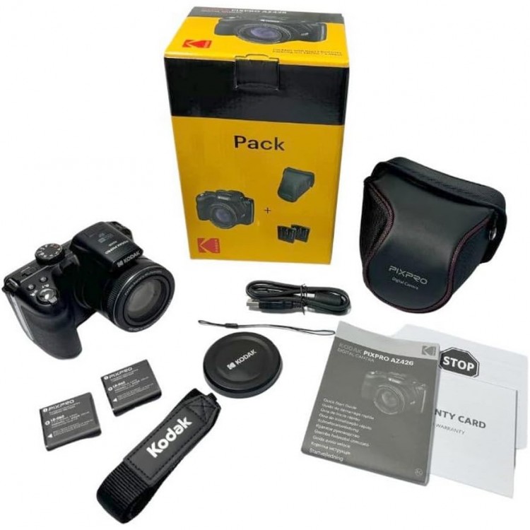 Aparat Foto High Zoom Kodak PixPro AZ426, 20 MP, Zoom 42X, Full HD – 1080p, include acumulator suplimentar si geanta foto Pixpro, Negru