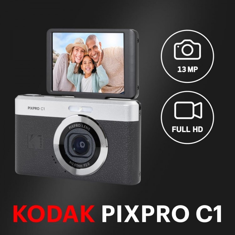 Pachet Aparat Foto KODAK PIXPRO C1 Retro Vlogging Camera – Full HD Flip Screen, 13MP, 4x Zoom, Negru, include card 16GB Kodak si cititor carduri