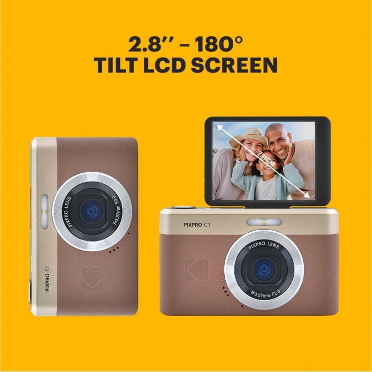 Pachet Aparat Foto KODAK PIXPRO C1 Retro Vlogging Camera – Full HD Flip Screen, 13MP, 4x Zoom, Maro, include card 16GB Kodak si cititor carduri