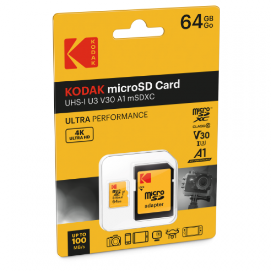 Card de memorie Kodak Ultra Performance microSD 64 GB, UHS-I U3 V30 A1 Clasa 10, viteze de pana la 100MB/s, ideal pentru 4K, smartphone si drone. include adaptor SD
