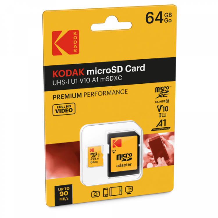 Card de memorie Kodak Premium Performance microSD 64 GB, UHS-I V10 U1 Clasa 10, include adaptor SD