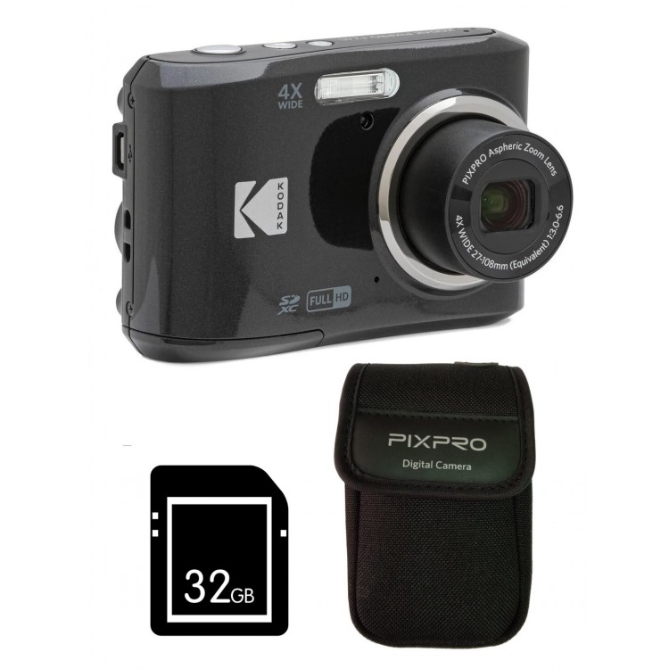 Pachet Aparat Foto Kodak PixPro FZ45, 16 MP, Zoom 4X, Vlogging, Full HD – 1080p, Negru, include geanta transport si card 32 GB
