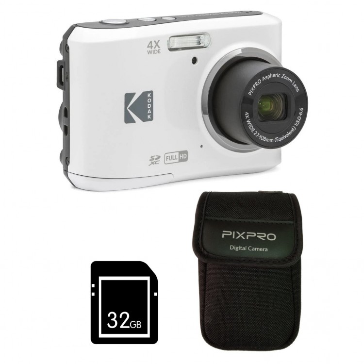 Pachet Aparat Foto Kodak PixPro FZ45, 16 MP, Zoom 4X, Vlogging, Full HD – 1080p, Alb, include geanta transport si card 32 GB