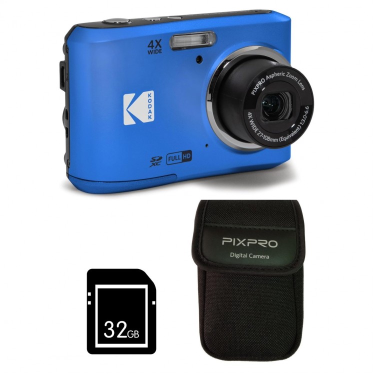Pachet Aparat Foto Kodak PixPro FZ45, 16 MP, Zoom 4X, Vlogging, Full HD – 1080p, Albastru, include geanta transport si card 32 GB