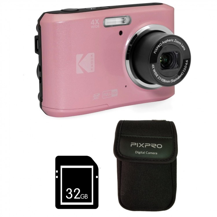 Pachet Aparat Foto Kodak PixPro FZ45, 16 MP, Zoom 4X, Vlogging, Full HD – 1080p, Roz, include geanta transport si card 32 GB