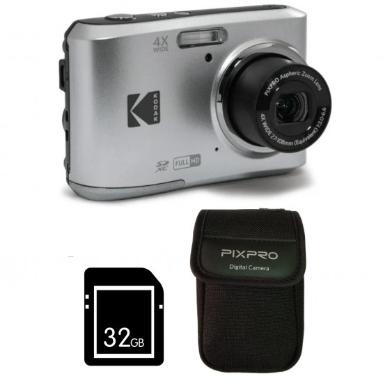 Pachet Aparat Foto Kodak PixPro FZ45, 16 MP, Zoom 4X, Vlogging, Full HD – 1080p, Argintiu, include geanta transport si card 32 GB