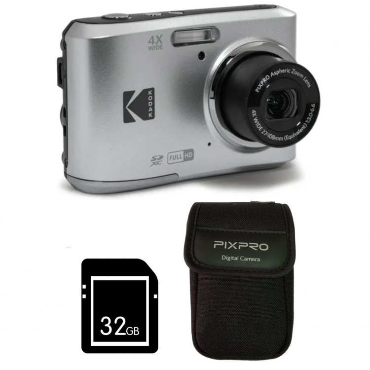 Pachet Aparat Foto Kodak PixPro FZ45, 16 MP, Zoom 4X, Vlogging, Full HD – 1080p, Argintiu, include geanta transport si card 32 GB