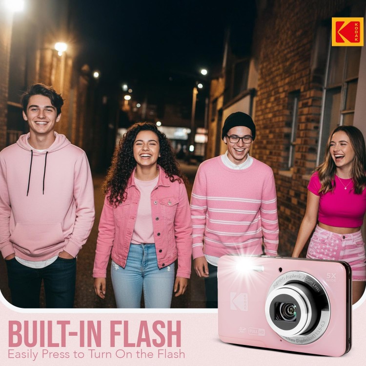 Pachet Aparat Foto Kodak PixPro FZ55, 16 MP, Zoom 5X, Vlogging, Full HD – 1080p, include geanta transport si card 64 GB Kodak, Roz