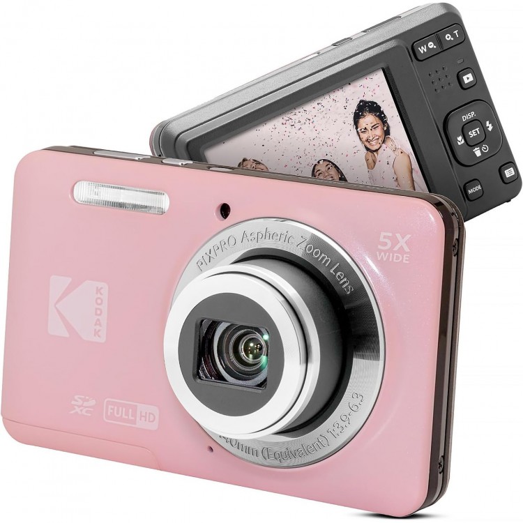 Pachet Aparat Foto Kodak PixPro FZ55, 16 MP, Zoom 5X, Vlogging, Full HD – 1080p, include geanta transport si card 64 GB Kodak, Roz