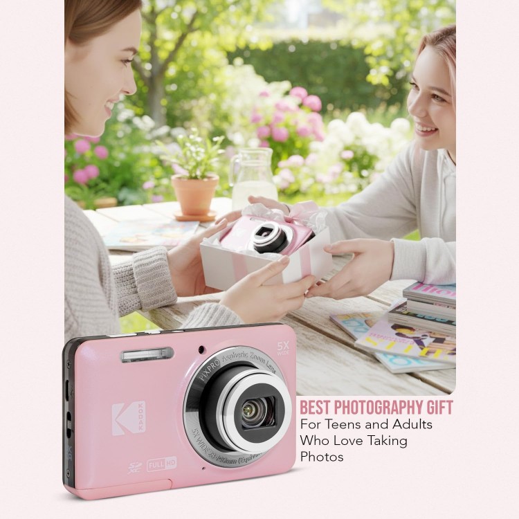 Pachet Aparat Foto Kodak PixPro FZ55, 16 MP, Zoom 5X, Vlogging, Full HD – 1080p, include geanta transport si card 64 GB Kodak, Roz