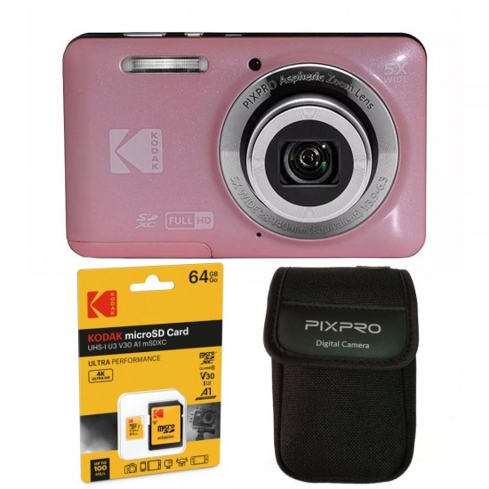 Pachet Aparat Foto Kodak PixPro FZ55, 16 MP, Zoom 5X, Vlogging, Full HD – 1080p, include geanta transport si card 64 GB Kodak, Roz