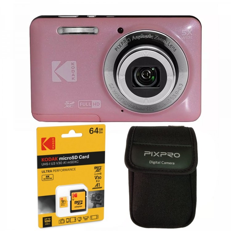 Pachet Aparat Foto Kodak PixPro FZ55, 16 MP, Zoom 5X, Vlogging, Full HD – 1080p, include geanta transport si card 64 GB Kodak, Roz