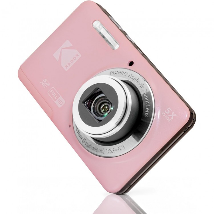 Pachet Aparat Foto Kodak PixPro FZ55, 16 MP, Zoom 5X, Vlogging, Full HD – 1080p, include geanta transport si card 64 GB Kodak, Roz