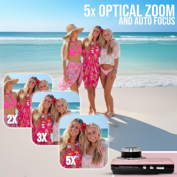 Pachet Aparat Foto Kodak PixPro FZ55, 16 MP, Zoom 5X, Vlogging, Full HD – 1080p, include geanta transport si card 64 GB Kodak, Roz