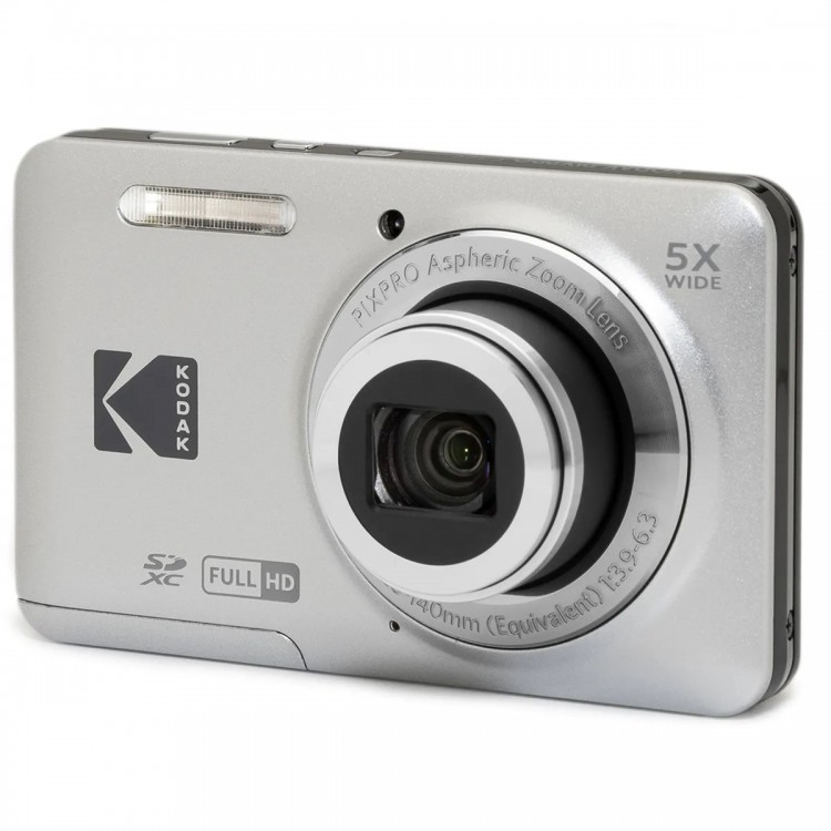 Pachet Aparat Foto Kodak PixPro FZ55, 16 MP, Zoom 5X, Vlogging, Full HD – 1080p, include geanta transport si card 64 GB Kodak, Silver