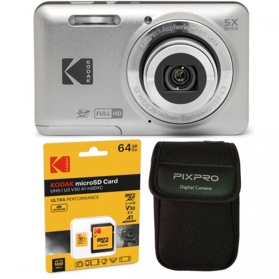 Pachet Aparat Foto Kodak PixPro FZ55, 16 MP, Zoom 5X, Vlogging, Full HD – 1080p, include geanta transport si card 64 GB Kodak, Silver