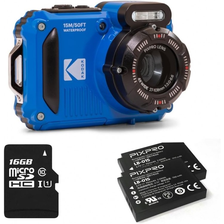 Aparat Foto Subacvatic Kodak PixPro WPZ2, 16 MP, Zoom 4X, Full HD, include acumulator suplimentar si card 16 GB, Albastru
