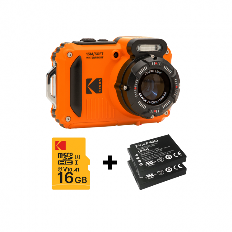 Aparat Foto Subacvatic Kodak PixPro WPZ2, 16 MP, Zoom 4X, Full HD, include acumulator suplimentar si card 16 GB, Portocaliu