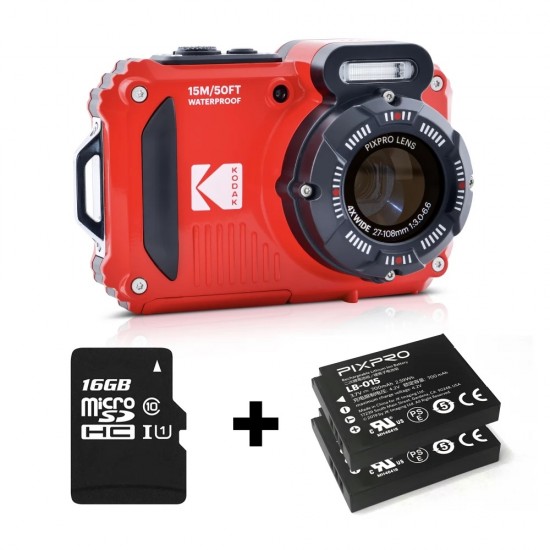 Aparat Foto Subacvatic Kodak PixPro WPZ2, 16 MP, Zoom 4X, Full HD, include acumulator suplimentar si card 16 GB, Rosu