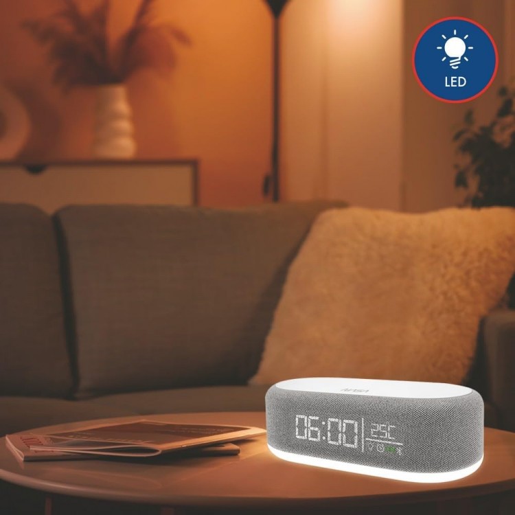 Difuzor Bluetooth cu ceas, incarcator inductiv QI, lampa LED, alarma NASA SPC400, NASA SPC400