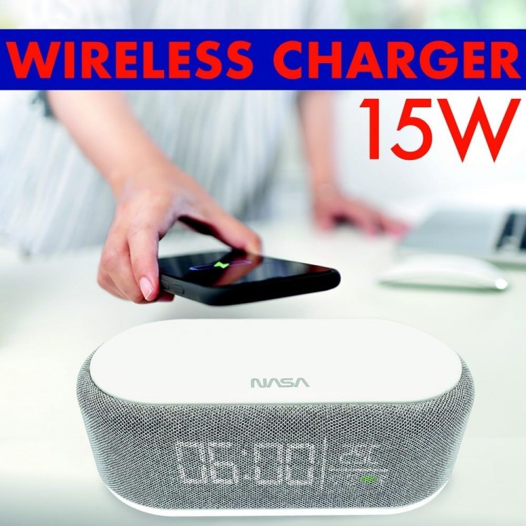 Difuzor Bluetooth cu ceas, incarcator inductiv QI, lampa LED, alarma NASA SPC400, NASA SPC400