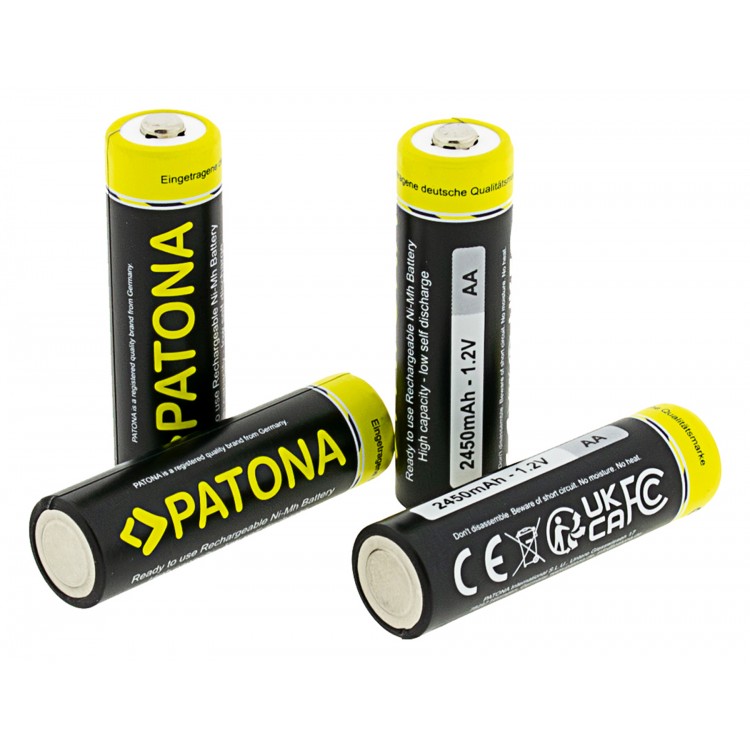 Set 4 bucati, acumulatori AA Patona, 2450 mAh, reincarcabili, descarcare lenta, gata de utilizare, include cutie depozitare