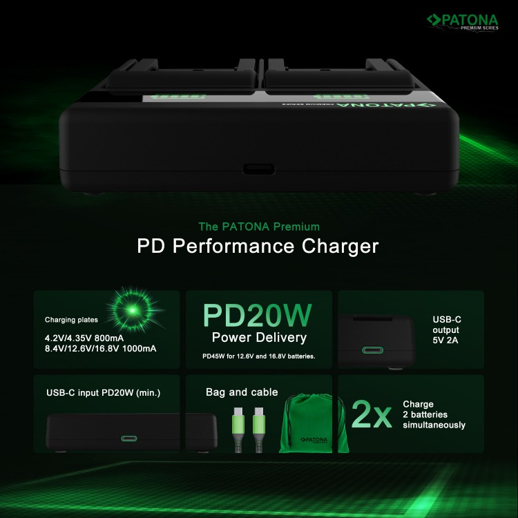 Incarcator rapid Patona Premium Dual PD Performance pentru Canon LP-E6, functie Powerbank, include cablu USB-C