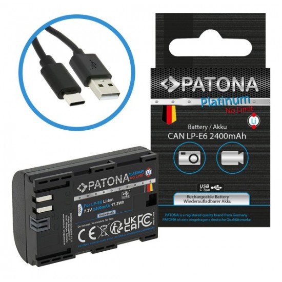 Acumulator Patona Platinum LP-E6, port USB-C , 2400mAh, pentru Canon EOS 60D 70D 80D 5D 6D 7D Blackmagic Pocket Cinema Camera 4K, Blackmagic Pocket Cinema Camera 6K