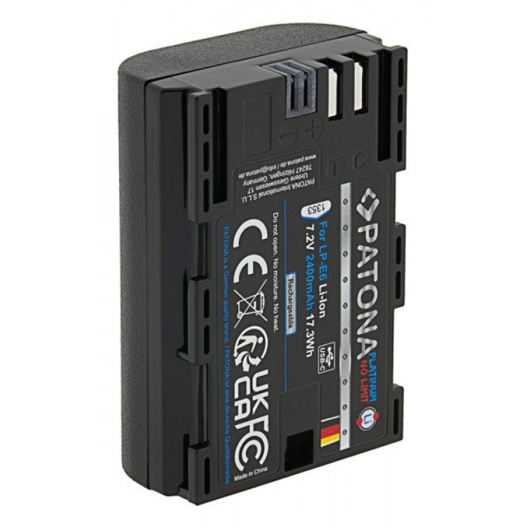 Acumulator Patona Platinum LP-E6, port USB-C , 2400mAh, pentru Canon EOS 60D 70D 80D 5D 6D 7D Blackmagic Pocket Cinema Camera 4K, Blackmagic Pocket Cinema Camera 6K