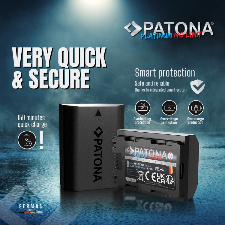 Acumulator Patona Platinum NP-FZ100, port USB-C, 2600 mAh, pentru SONY A7 III A7M3 Alpha 7 III A7 R III A7RM3 Alpha 7