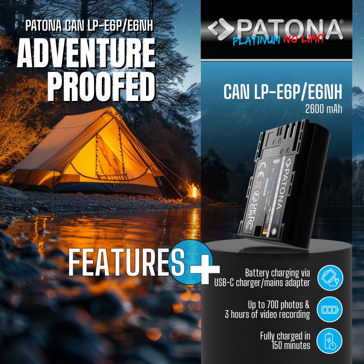 Acumulator Patona Platinum LP-E6P LP-E6NH LP-E6N, incarcare USB-C, 2600mAh, pentru Canon EOS R5 Mark II