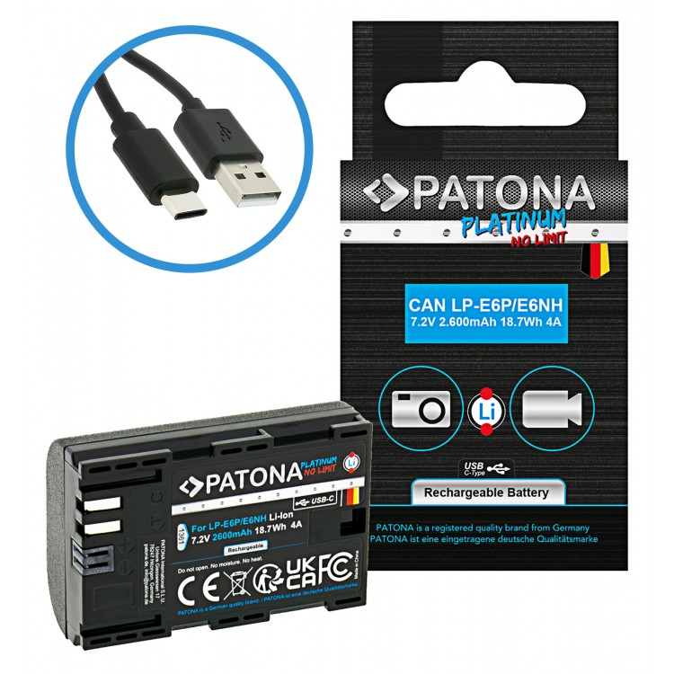 Acumulator Patona Platinum LP-E6P LP-E6NH LP-E6N, incarcare USB-C, 2600mAh, pentru Canon EOS R5 Mark II