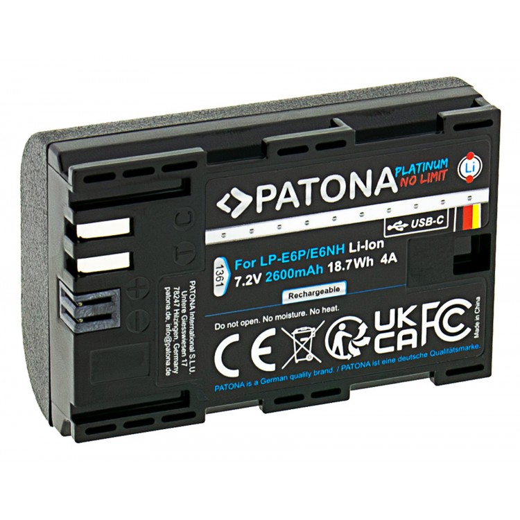 Acumulator Patona Platinum LP-E6P LP-E6NH LP-E6N, incarcare USB-C, 2600mAh, pentru Canon EOS R5 Mark II