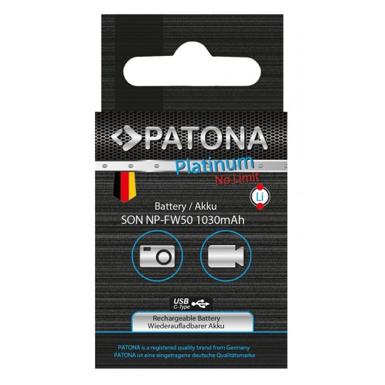 Acumulator Patona Platinum NP-FW50 port USB-C, 1030 mAh, pentru Sony NP-FW50 NEX.3 NEX.3C NEX.5 NEX.5A