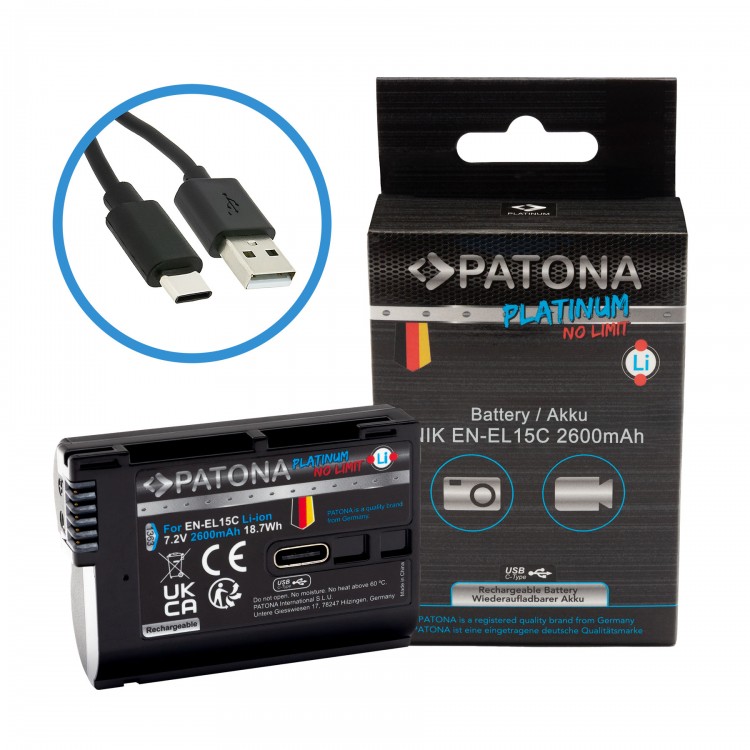 Acumulator Patona Platinum EN-EL15C, incarcare USB-C, 2600mAh, pentru Nikon D7100, D7200, D800, D810, D600, D610, Z6, Z6II, Z6III, Z7