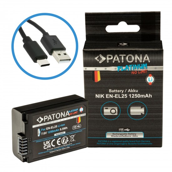 Acumulator Patona Platinum EN-EL25, 1250mAh, incarcare port USB-C, pentru Nikon Zfc, Z50, Z30