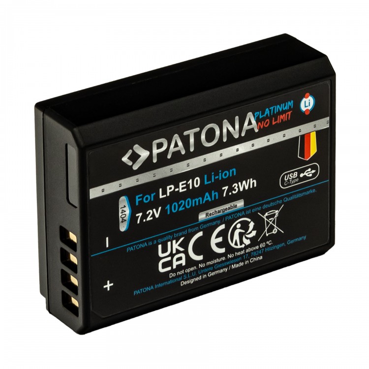 Acumulator Patona Platinum LP-E10, 1020mAh, incarcare port USB-C, pentru Canon EOS 1100D, EOS 1200D, 1300D, 2000D, 4000D